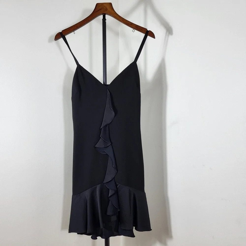 Marciano Black Ruffle Front Mini Dress Spaghetti Strap V-Neck Cocktail Size 4